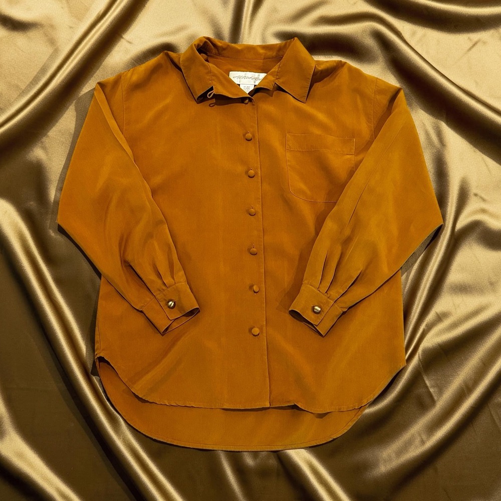 Vintage All Week Long Womens 100% Silk Button Down Blouse Mustard Gold Size 6